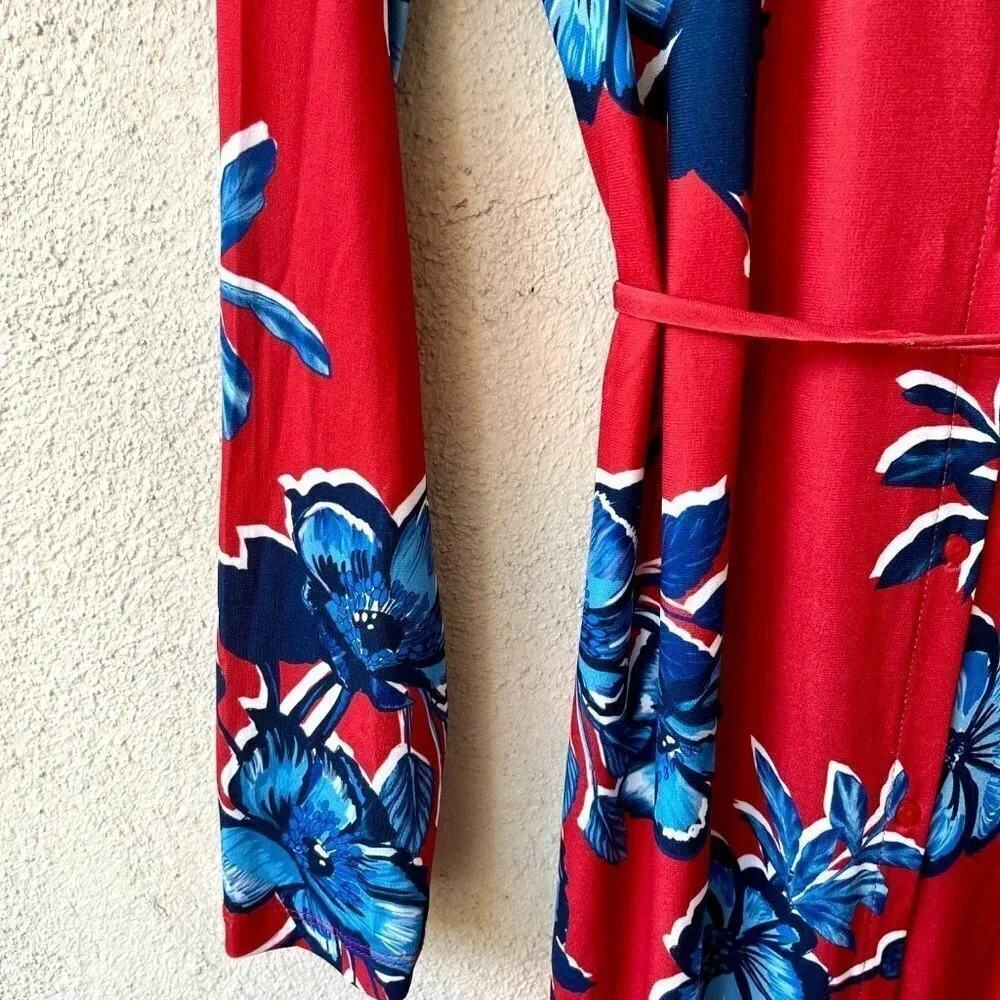 NWT Zara Midi Shirt Dress Red Blue Floral Long Sleeve Size Small - Picture 7 of 10